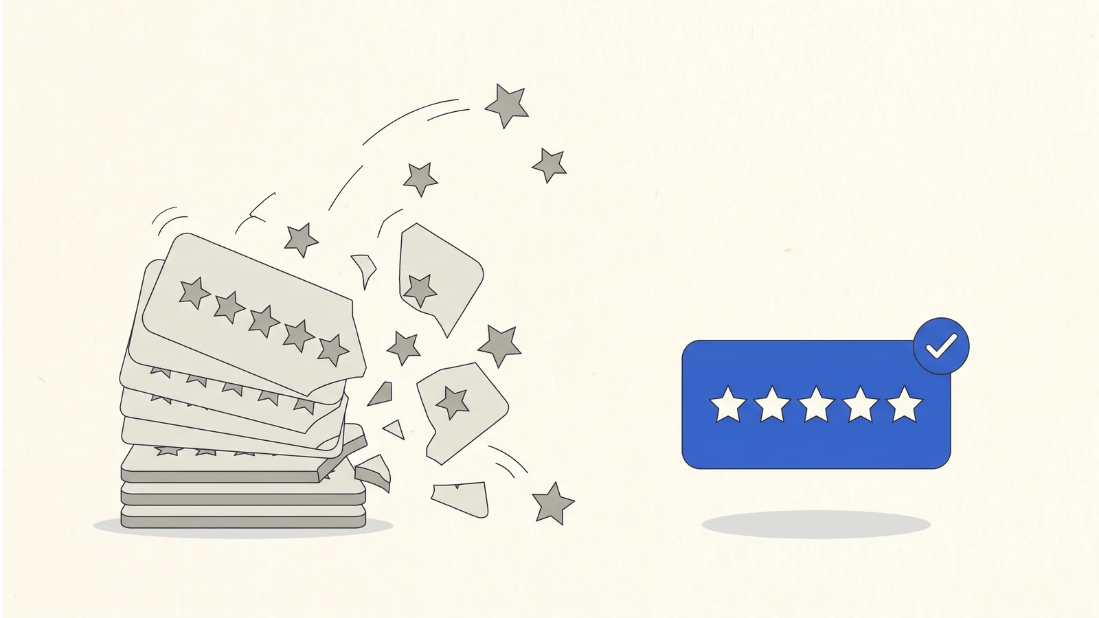 A leaning stack of gray five-star review cards crumbling apart with stars falling loose, beside one upright blue review card carrying a verified checkmark, illustrating fabricated versus legitimate AggregateRating markup