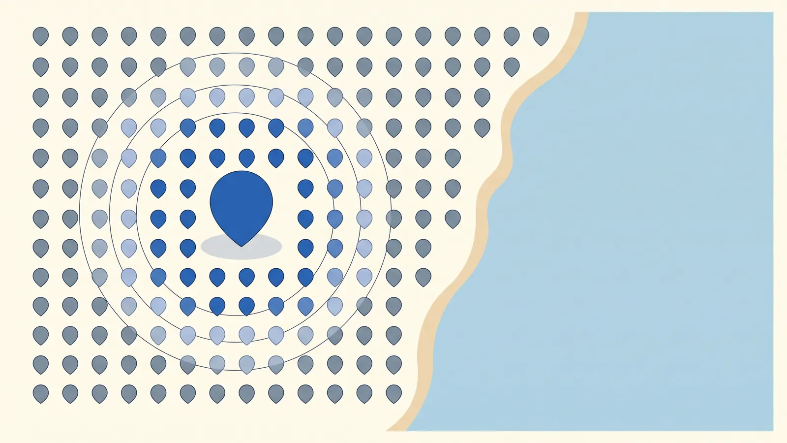 A geo grid of map pins across a coastal town, solid blue with concentric distance rings at the center and fading through pale blue to gray toward the edges, showing how map pack visibility decays with distance in Daytona Beach