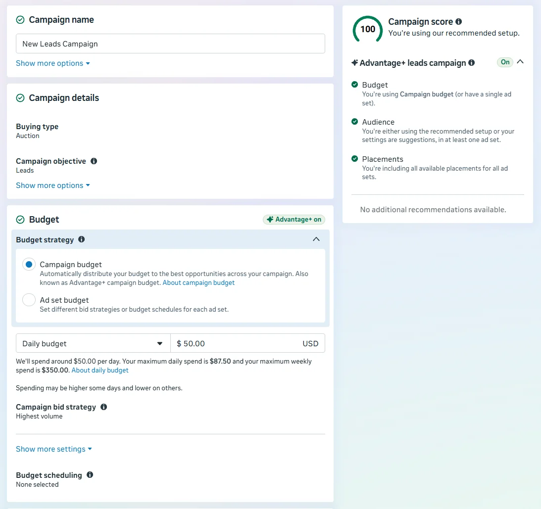 New leads campaign in Ads Manager showing the Advantage+ leads campaign setup and campaign settings