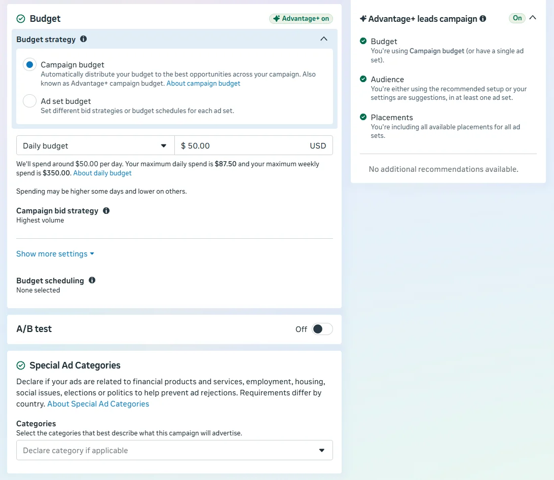 Ads Manager campaign budget section with Campaign budget selected, a daily budget, Highest volume bid strategy, and the Special Ad Categories section