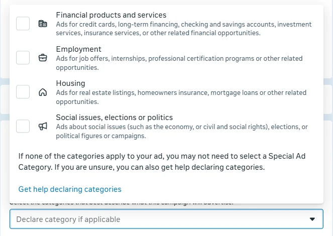 Ads Manager Special Ad Categories dropdown showing Financial products and services, Employment, Housing, and Social issues, elections or politics