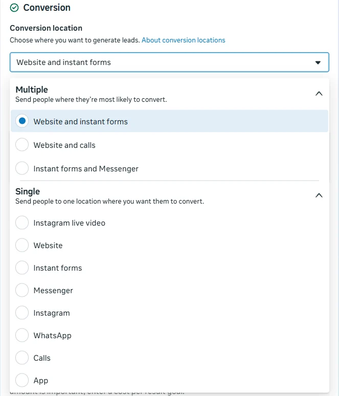 Ads Manager conversion location options including Website and instant forms, Website and calls, Instant forms and Messenger, Website, Instant forms, Messenger, Instagram, WhatsApp, Calls, and App