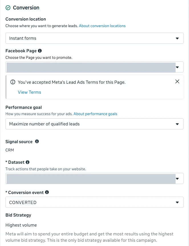 Ads Manager ad set with Instant forms selected, the Facebook Page field covered, lead filter suggestions, and the performance goal section
