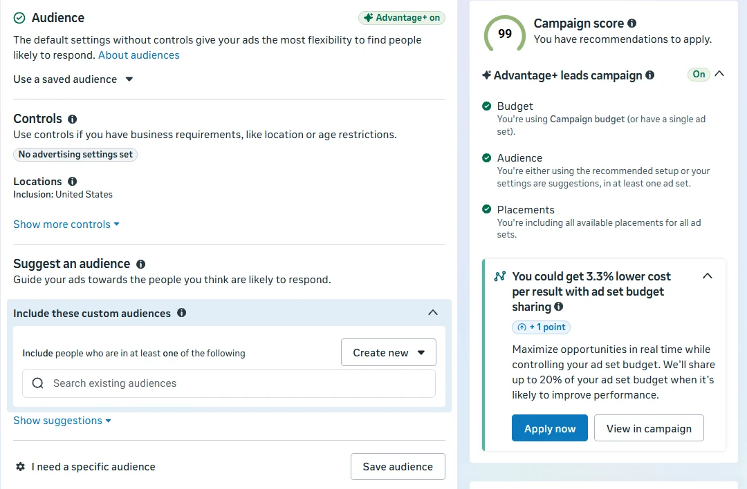 Ads Manager ad set audience section with Advantage+ audience on by default