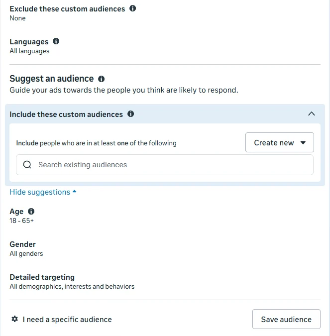 Audience controls for locations, minimum age, excluded custom audiences, and languages, above a Suggest an audience section for custom audiences, age, gender, and detailed targeting