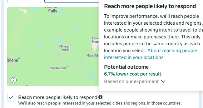 Tooltip explaining that Reach more people likely to respond also reaches people interested in the selected locations