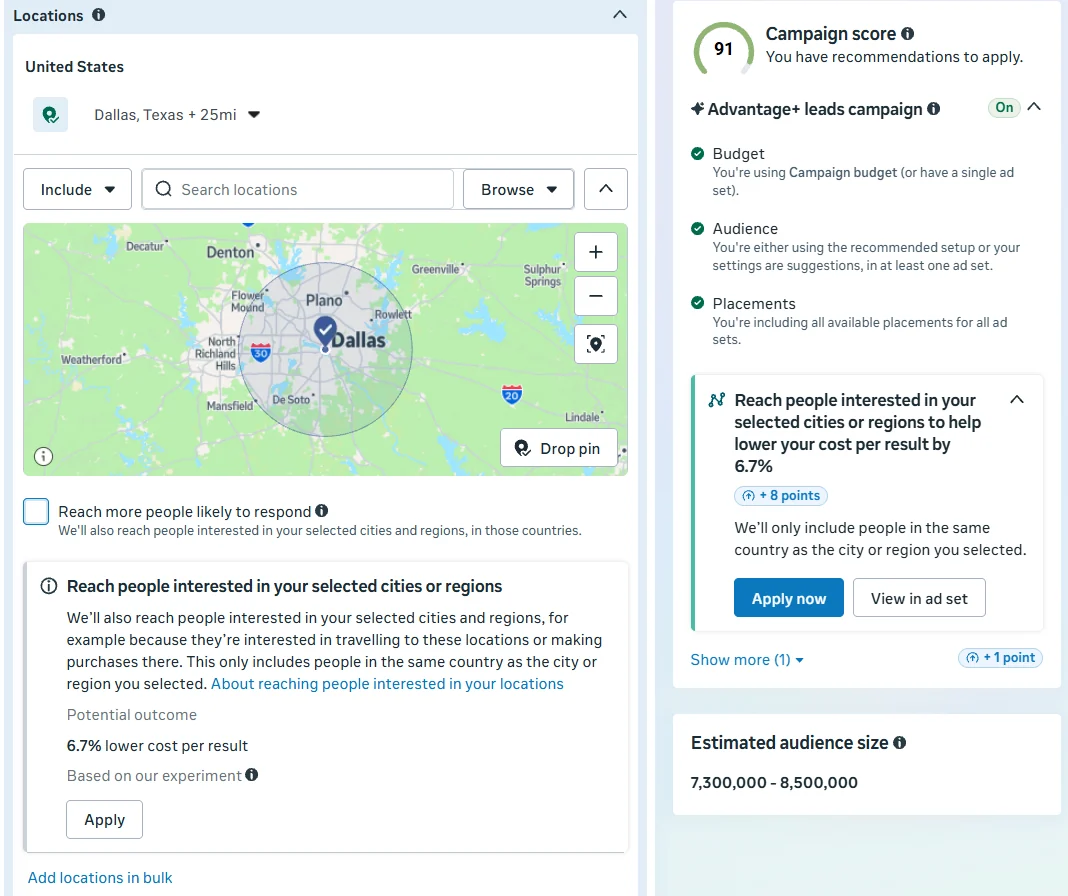 Ads Manager location set to Dallas, Texas with Reach more people likely to respond unchecked and an estimated audience of 7.3 million to 8.5 million