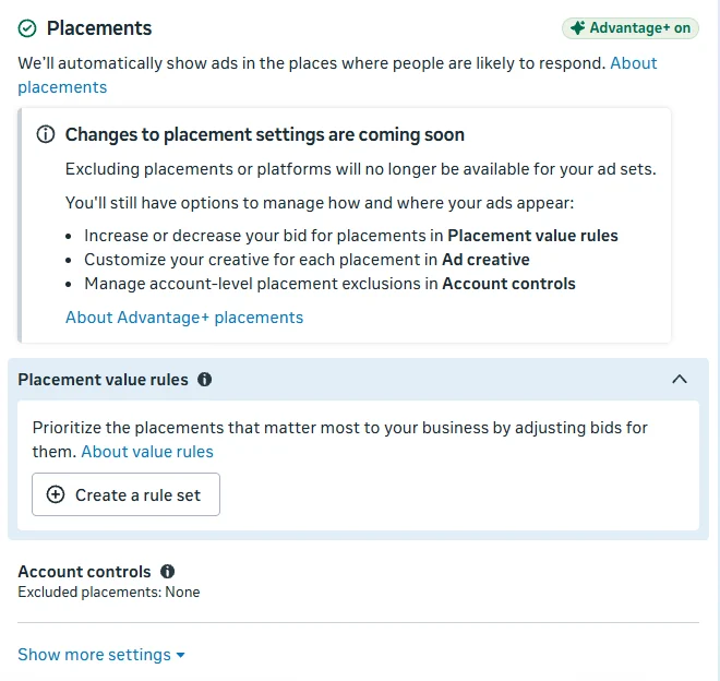 Advantage+ placements selected with a notice that excluding placements or platforms will no longer be available for ad sets