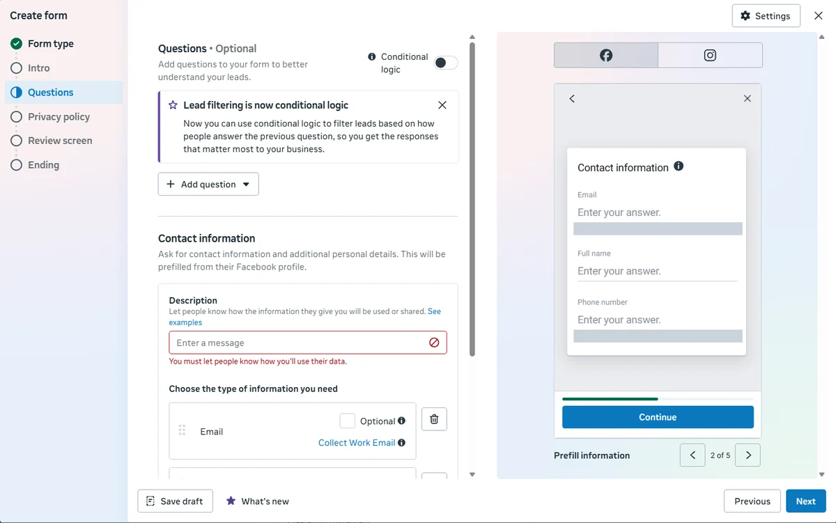 Instant form Questions step with Conditional logic turned on, a multiple choice question asking whether they own the home that needs the work, and the form preview