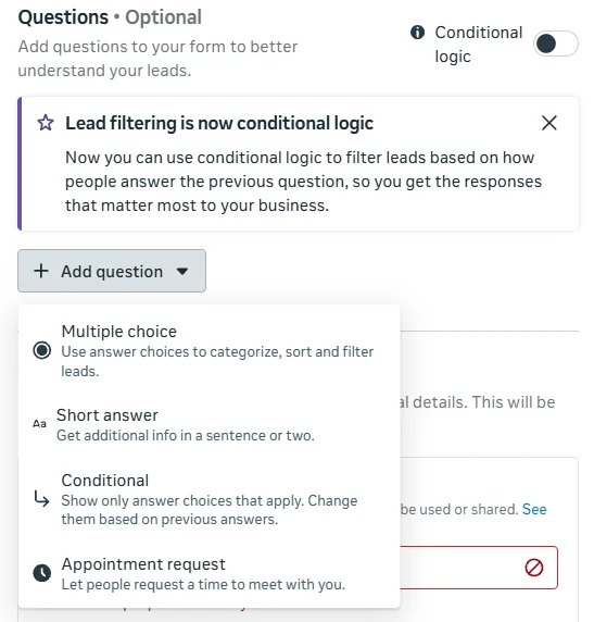 Add question menu with Multiple choice, Short answer, Conditional, and Appointment request question types