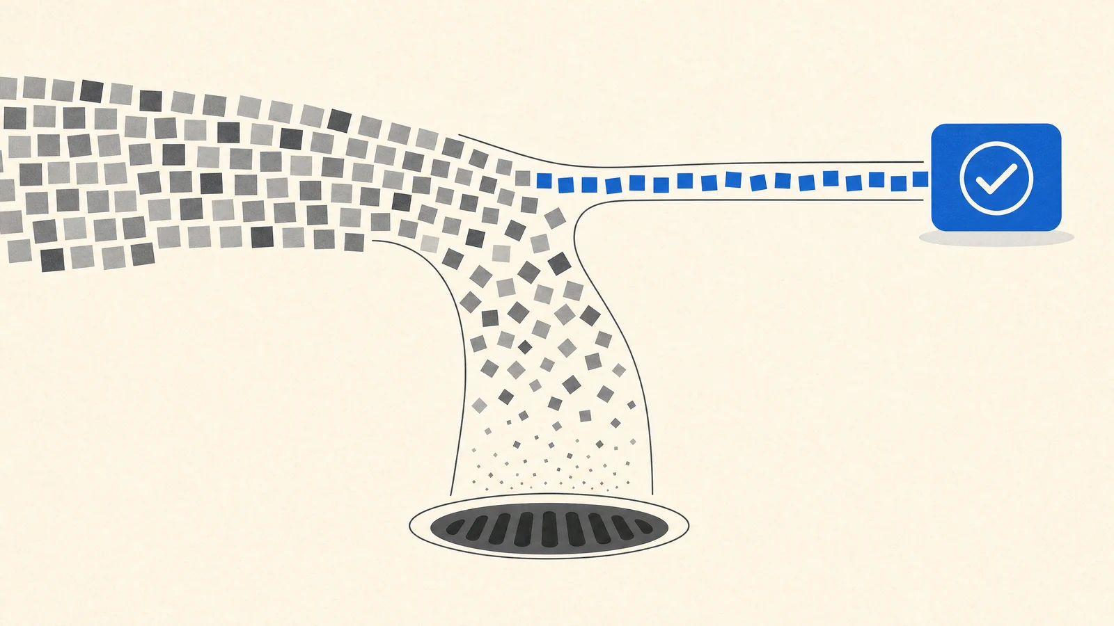 A wide stream of gray budget tiles pouring down into a drain while a single thin blue path of tiles continues sideways and reaches a checkmark